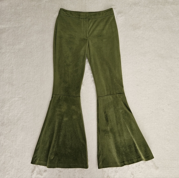 Topshop Green Flare Pants Size 4 70s Retro Tailored Eclectic Velour Whimsigoth - Picture 2 of 12